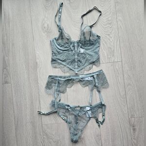 Sheer Embroidered Lace Bra & Garter Set in Sage Green - Women Intimates